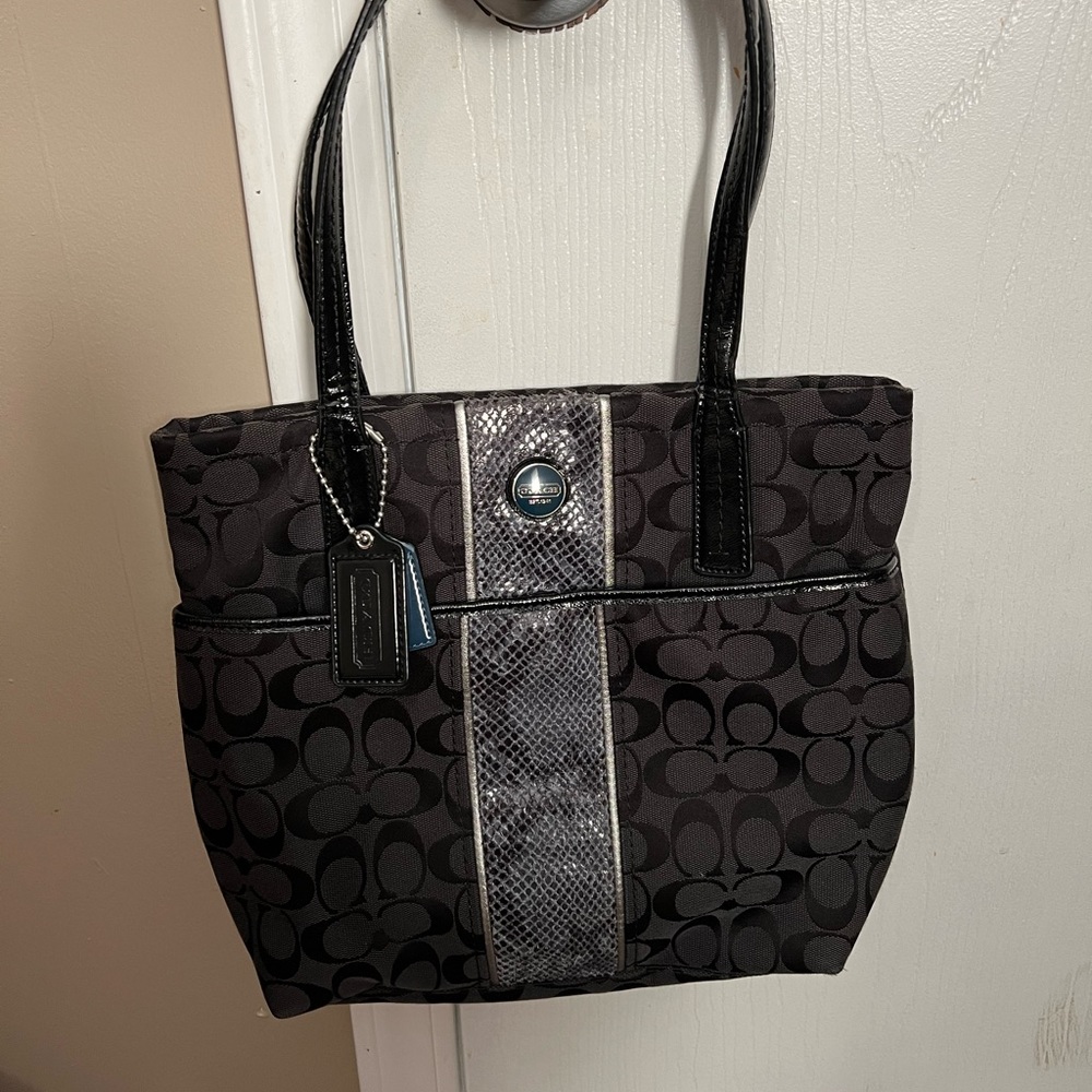 Black Coach shoulder purse with grey leather snakeskin middle